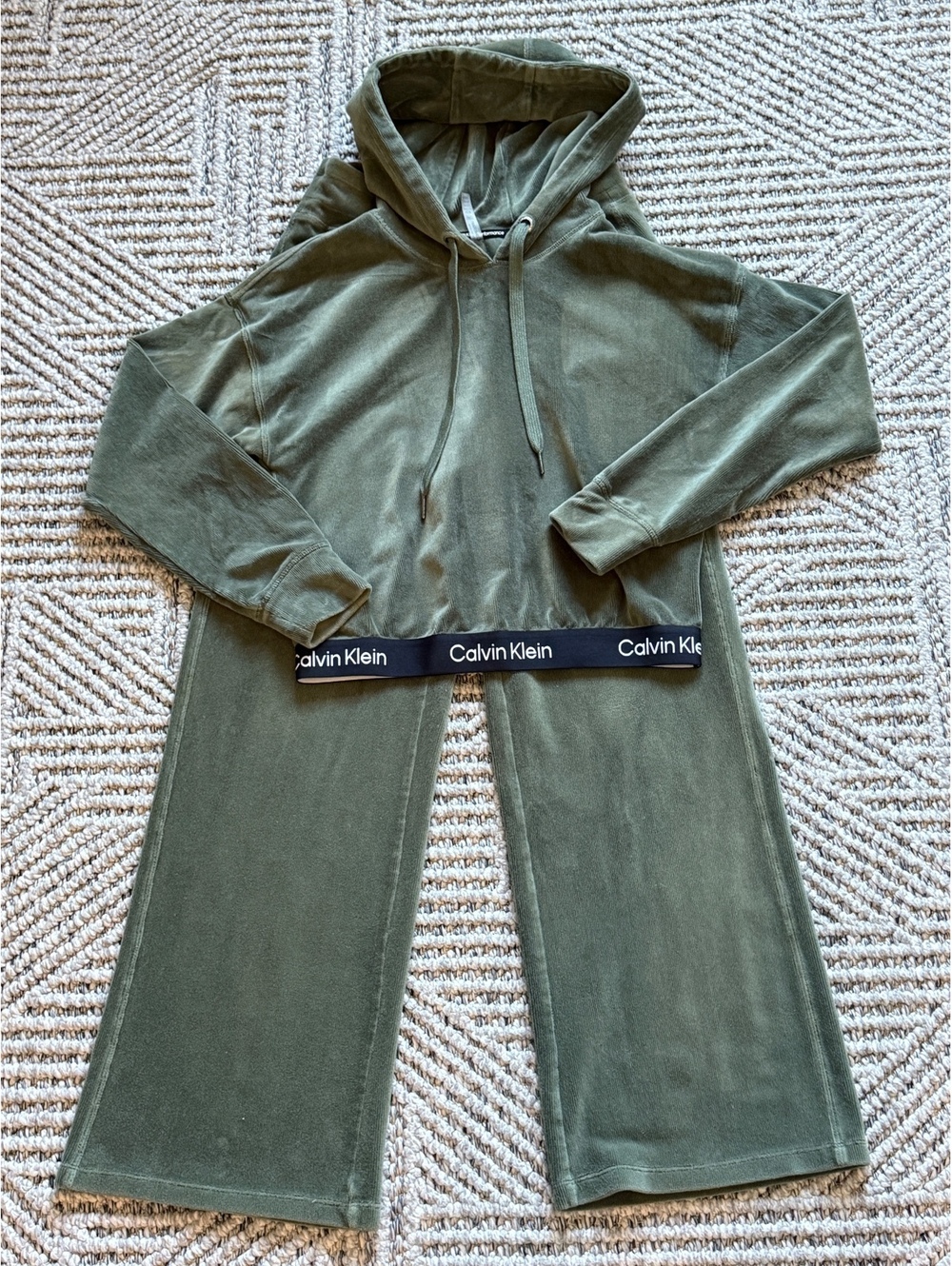 Calvin Klein Olive Green Velour Hoodie and Wide Leg Pants Set size S